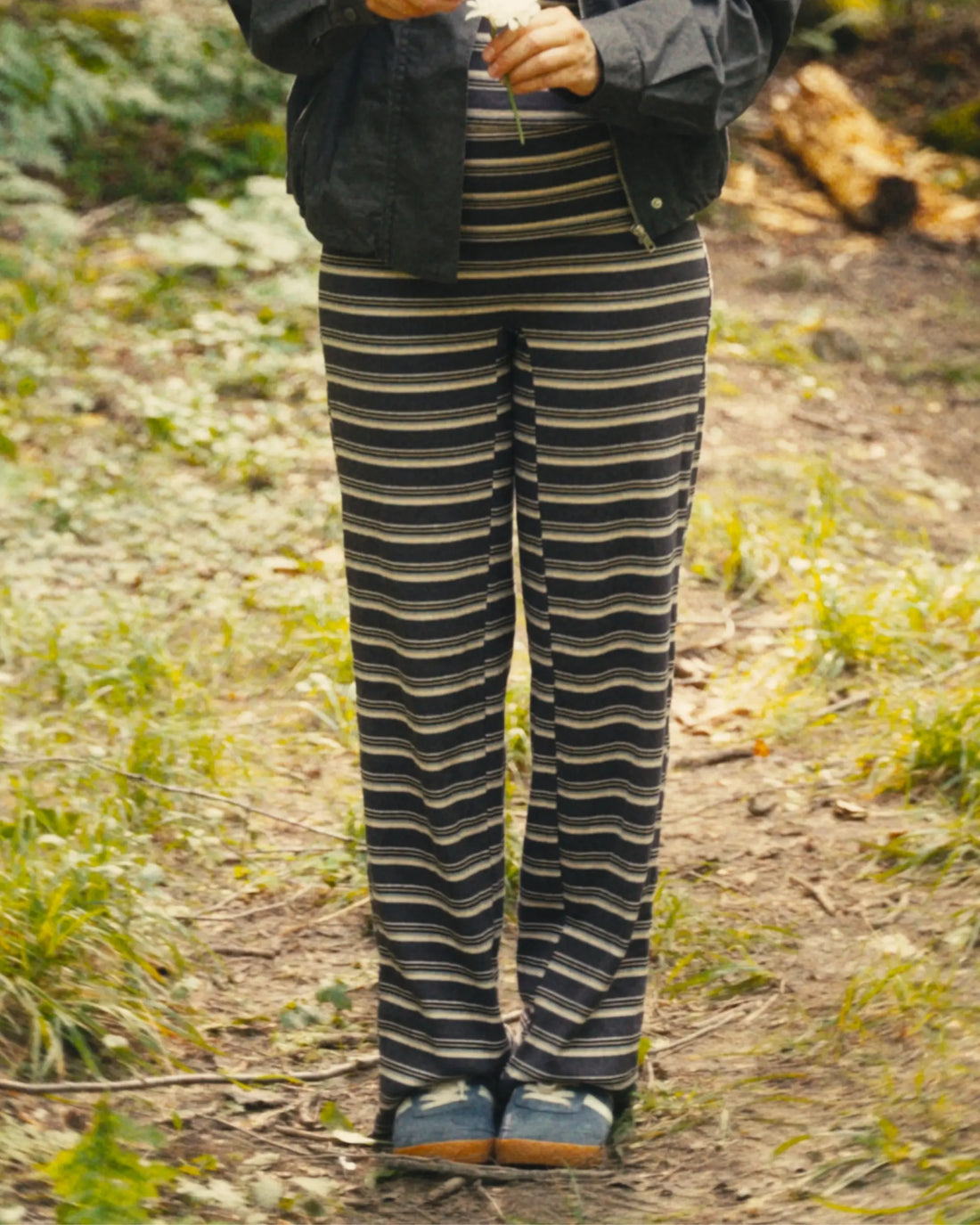Ribbed striped pants with foldover waist - White birch
