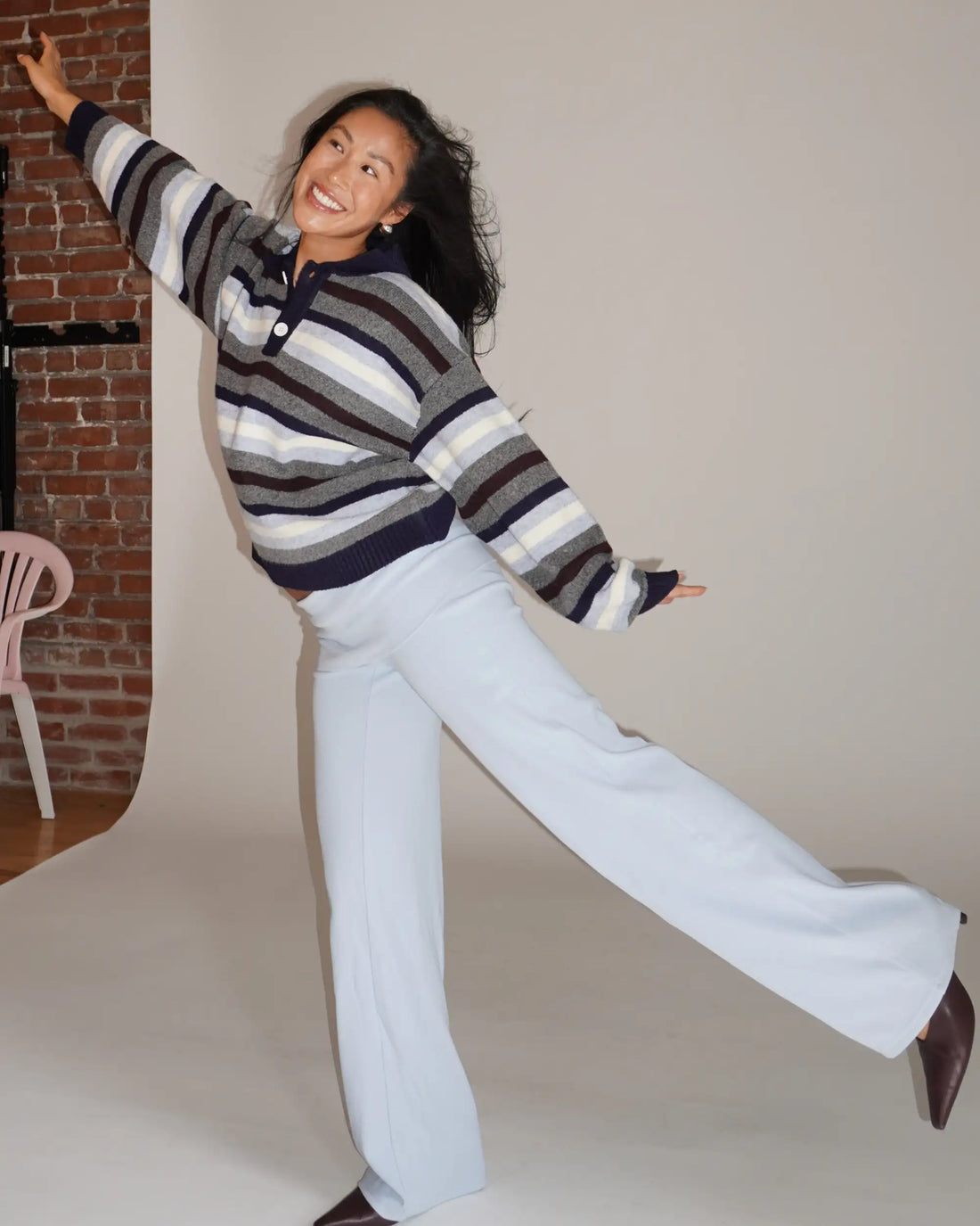 Ribbed pants with foldover waist - Blue jay
