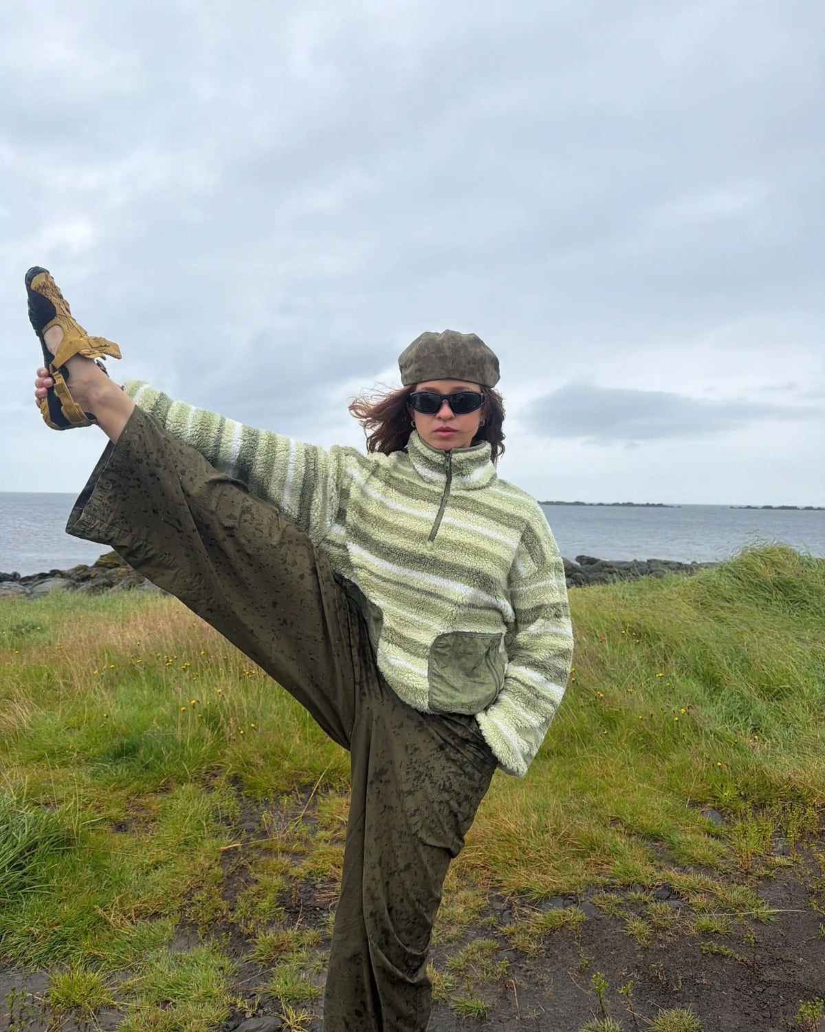 Striped quarter-zip polar fleece jacket - Boreal forest