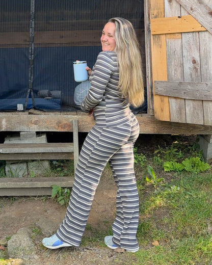 Ribbed striped pants with foldover waist - White birch